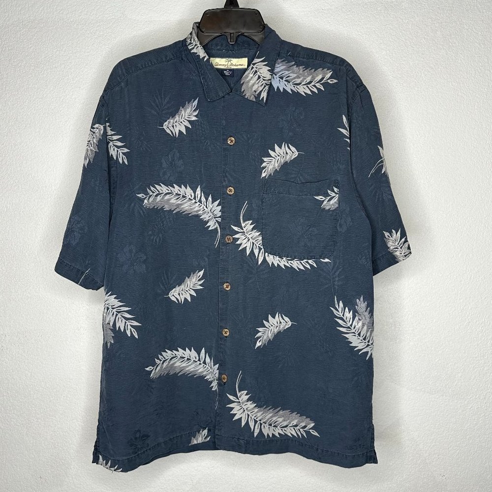 Tommy Bahama Navy Silk Button Front Shirt Palm Leaf Design - Mens Size Medium